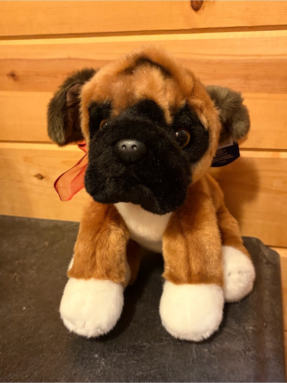 GANZ Plush Boxer Dog Toy in Brown, Black, White with Red Bow